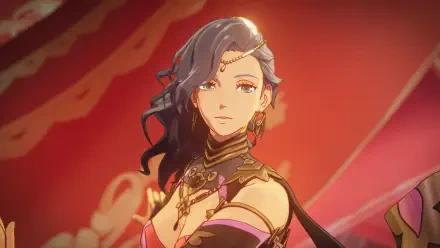 4K Ultra HD PC desktop wallpaper showing an anime woman from Fire Emblem: Fortune's Weave — dark-haired noble adorned with gold jewelry against a flowing red background.