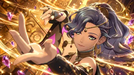 4K Ultra HD PC wallpaper: anime woman from Fire Emblem: Fortune's Weave reaching out, smiling amid swirling golden runes and floating gems.