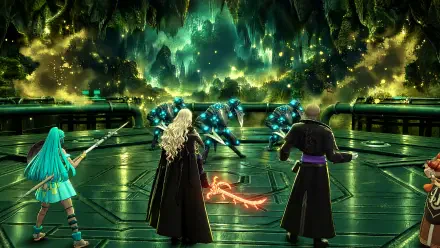 Fire Emblem: Fortune's Weave video game anime-style 4K Ultra HD PC wallpaper: three heroes stand on a glossy platform in a luminescent green cavern, confronting armored foes amid magic flares.