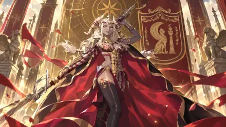 4K Ultra HD PC wallpaper of Theodora, queen from Fire Emblem: Fortune's Weave — a regal woman in an ornate crown and red flowing cloak standing before a golden throne hall.