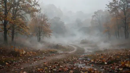 HD PC desktop wallpaper: foggy fall forest landscape with a winding, leaf-strewn path vanishing into mist.