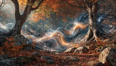 2K Quad HD PC desktop wallpaper — fall forest with tall trees beside a rocky stream, carpet of autumn leaves and glowing, star-filled ribbons of light weaving through the scene.
