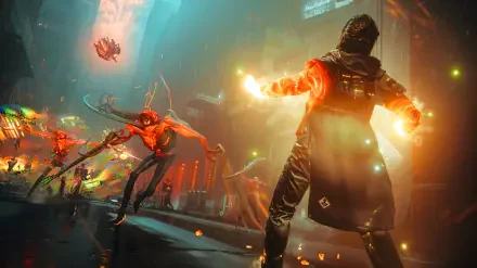 4K Ultra HD PC wallpaper: Control Resonant's Dylan Faden, with glowing hands and a gun, confronts explosions and writhing alien tendrils in a neon-soaked city street.