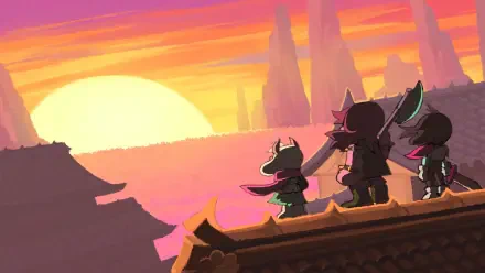 HD PC desktop wallpaper: silhouettes of Deltarune's Kris and Ralsei on a rooftop, watching a vast sunset behind distant spires.