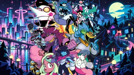 4K Ultra HD PC wallpaper showing Deltarune cast — Spamton G. Spamton, Queen, stylized pony and unicorn characters in a neon city and moonlit forest.