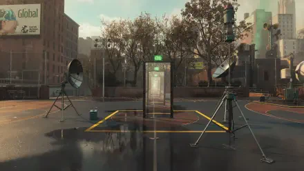 Control Resonant: solitary telephone booth on a wet street court flanked by resonant speakers and gear — moody urban 4K Ultra HD PC desktop wallpaper/background.