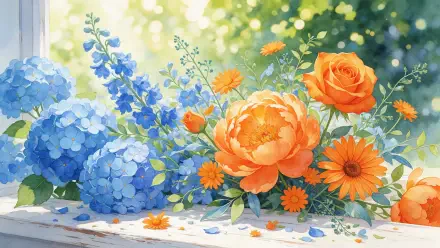 2K Quad HD PC desktop wallpaper: summer floral bouquet of orange roses, peonies and daisies with blue hydrangeas on a sunlit windowsill.