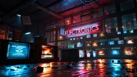 4K Ultra HD PC desktop wallpaper: Gears of War: E-Day — rain‑slick electronics store interior lit by red neon ELECTRONICS sign and glowing display screens.