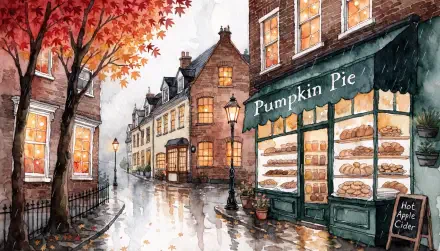Cozy fall street in Autumn rain: a glowing pumpkin pie shop on wet cobblestones — 2K Quad HD PC desktop wallpaper