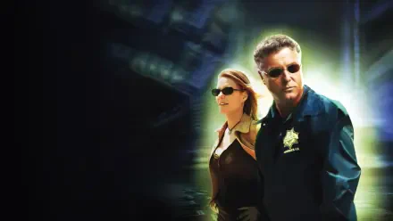 CSI: Crime Scene Investigation 4K Ultra HD PC desktop wallpaper of two investigators in sunglasses and badges standing against a dark, forensic lab–style background.