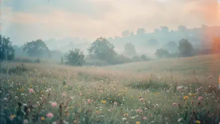 Soft-colored misty meadow and wildflower field at dawn, rolling hills and distant trees — 4K Ultra HD PC desktop wallpaper and background.