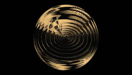 Black and gold abstract sphere of concentric circles and ripples, a glossy orb on a black 4K Ultra HD PC desktop wallpaper.