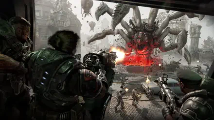 HD PC desktop wallpaper — Gears of War: E-Day battle: soldiers unleash heavy fire on a towering, spider-like Locust with a glowing red core amid a ruined cityscape.
