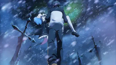 Re:ZERO -Starting Life in Another World- Forbidden Book and the Mysterious Spirit 4K wallpaper: a lone figure carries a blue‑haired girl through a snowy storm beneath barren trees.