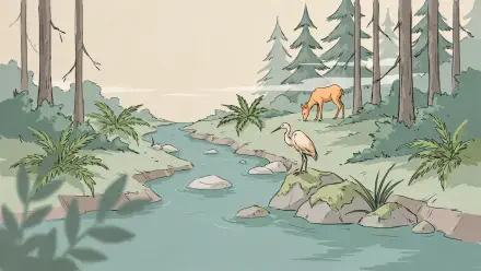 4K Ultra HD PC desktop wallpaper and background: peaceful forest river scene with a deer grazing and a bird perched on a rock.