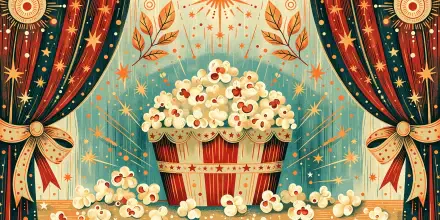 Whimsical vintage-style popcorn bucket overflowing with kernels on a starry stage, framed by red velvet curtains — 4K Ultra HD PC desktop wallpaper and background.