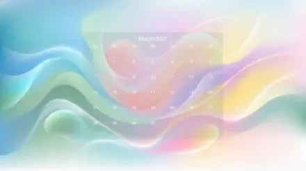 Pastel abstract gradient with flowing waves and a translucent March 2027 calendar overlay — 5K Ultra HD PC desktop wallpaper/background.