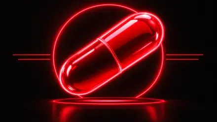 Neon red capsule pill glowing against a dark backdrop with a circular halo — 4K Ultra HD PC desktop wallpaper and background.