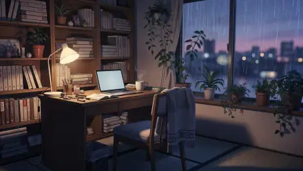 Cozy anime-style morning study scene: sunlit desk with laptop, lamp, books and potted plants by the window — HD PC desktop wallpaper background.