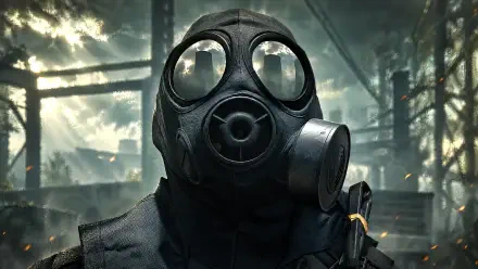 Call of Duty: Modern Warfare 4 gas mask soldier in a ruined forest, 4K Ultra HD PC desktop wallpaper and background.