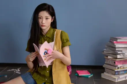 ILLIT’s Wonhee holds a pink book beside a stack of books in a 4K Ultra HD desktop wallpaper titled “Break Even.”