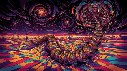 Psychedelic surreal sandworm crawling across a vivid alien landscape, 4K Ultra HD PC desktop wallpaper and background.