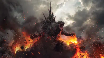 Godzilla Minus Zero rises amid fire, explosions, smoke, and flying embers in this 5K Ultra HD PC desktop wallpaper.