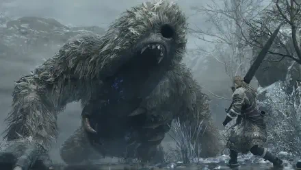4K Ultra HD Dragon’s Dogma 2: Dark Arisen PC wallpaper featuring a towering yeti monster facing an armored warrior in a snowy forest.