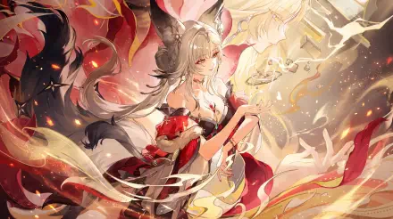 Hsin from Wuthering Waves in a flowing red outfit, anime girl amid golden light and swirling petals, 5K Ultra HD PC desktop wallpaper and background.
