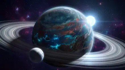 5K Ultra HD exoplanet PC desktop wallpaper featuring a glowing ringed planet, a nearby moon, and a star-filled galaxy.