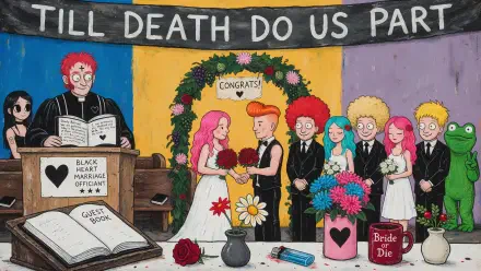 Cartoon bride and groom exchange vows beneath a floral wedding arch in a quirky marriage ceremony, featured in a 2K Quad HD PC desktop wallpaper.