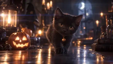 Spooky cute black cat beside a glowing jack-o’-lantern in a candlelit Halloween scene, 4K Ultra HD PC desktop wallpaper and background.