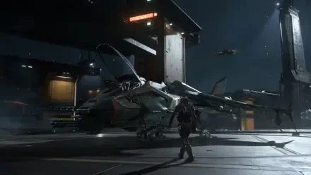 Squadron 42 and Star Citizen 4K Ultra HD wallpaper featuring a futuristic sci-fi jet fighter in a hangar beside a pilot.