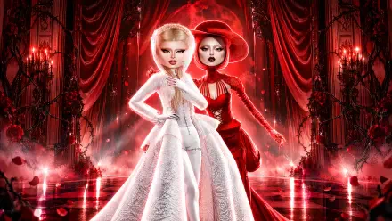 Roblox Dress to Impress fashion models in white and red gowns on a dramatic runway, 4K Ultra HD PC desktop wallpaper.