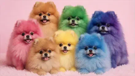 Colorful Pomeranian puppies in pink, orange, green, yellow, and blue on a pink backdrop, 2K Quad HD desktop wallpaper background.