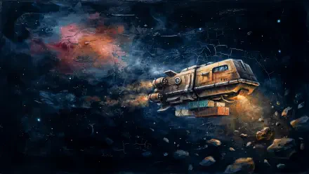 A rugged cargo spaceship drifts through a starry nebula and asteroid field in this 4K Ultra HD sci-fi PC desktop wallpaper and background.