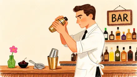 Illustrated bartender shaking a cocktail shaker behind a stocked bar, 4K Ultra HD PC desktop wallpaper and background.