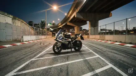 BMW Motorrad F 450 RR sport motorcycle on an urban street beneath elevated highways, 4K Ultra HD desktop wallpaper background.