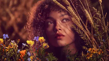 Lenore Dove from The Hunger Games in a flower-framed portrait, featured in a warm, cinematic 5K Ultra HD desktop wallpaper.