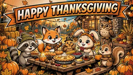 Cute Thanksgiving cartoon animal feast with foxes, rabbits, raccoon, and owl around a festive table, in a 4K Ultra HD PC desktop wallpaper background.