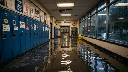 Flooded high school hallway with blue lockers and reflections, 4K Ultra HD PC desktop wallpaper and background.