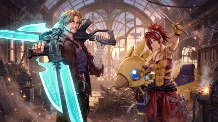 Final Fantasy Resonance anime wallpaper featuring two warriors with glowing weapons in a grand hall, 5K Ultra HD PC desktop background.