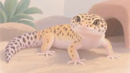 Illustrated leopard gecko with spotted markings on a warm sandy background, 4K Ultra HD PC desktop wallpaper and background.