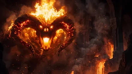 Fiery Balrog demon from The Lord of the Rings: The Rings of Power, featured in a 5K Ultra HD PC desktop wallpaper and background.