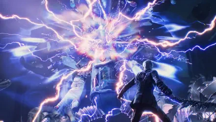 Ordinary Oddness sci-fi video game scene with a figure facing a brilliant lightning explosion, featured as an HD PC desktop wallpaper.