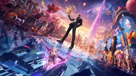 Ordinary Oddness sci-fi video game art of a man floating above a futuristic city, 5K Ultra HD PC desktop wallpaper and background.
