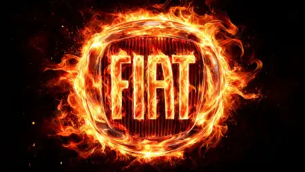 Fiat logo engulfed in flames on a dark background, 4K Ultra HD PC desktop wallpaper.