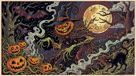 Dark Halloween 5K Ultra HD PC desktop wallpaper featuring a sinister pumpkin-headed witch, glowing jack-o’-lanterns, a full moon, and swirling spooky vines.