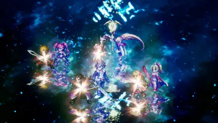 Final Fantasy Resonance anime magical girls amid glowing crystals and cosmic blue light, 4K Ultra HD PC desktop wallpaper and background.