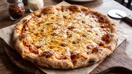 Golden cheese pizza with a crisp, charred crust on a wooden table, featured in a 5K Ultra HD PC desktop wallpaper and background.